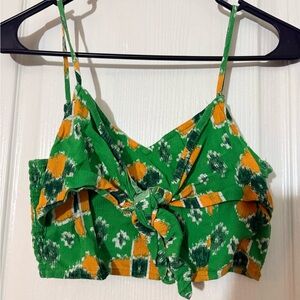 Aerie Boho Tie-Front Crop Top XS Green Orange Ikat Print